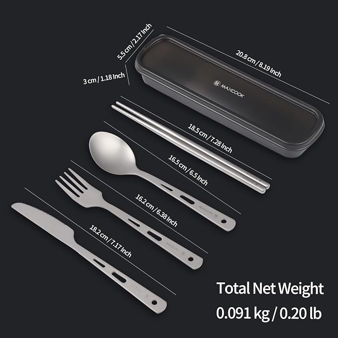 Pure Titanium Utility Cutlery Set with Case (5 Pcs) | Portable Tableware Titanium Utensil Set , Table Spoon Fork Chopsticks Knife set for Outdoor Travel Camping Backpacking