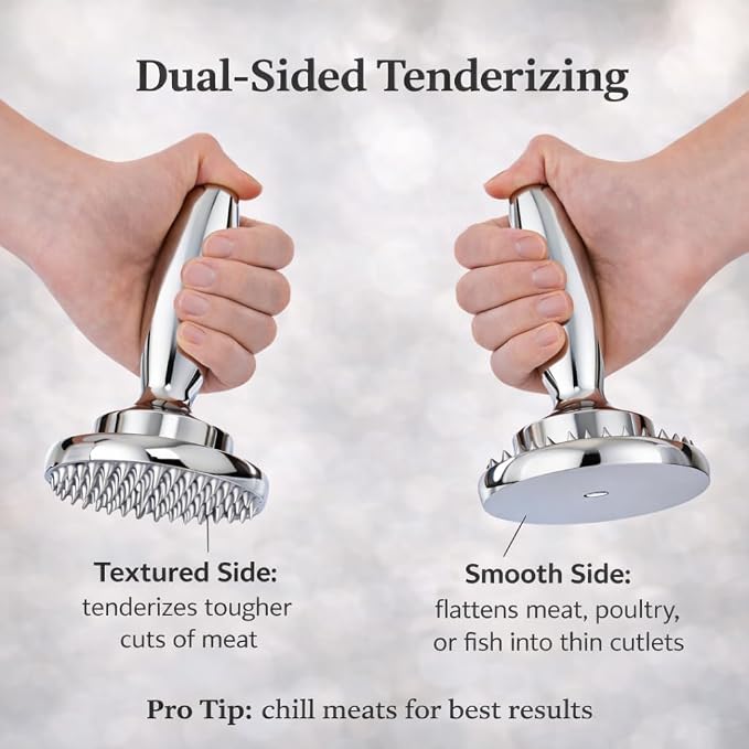 HIC Kitchen Dual Sided Meat Tenderizer Marinating Prep Tool, Chrome-Plated Zinc, 835 Grams, For Flattening Cutlets And Tenderizing Meat