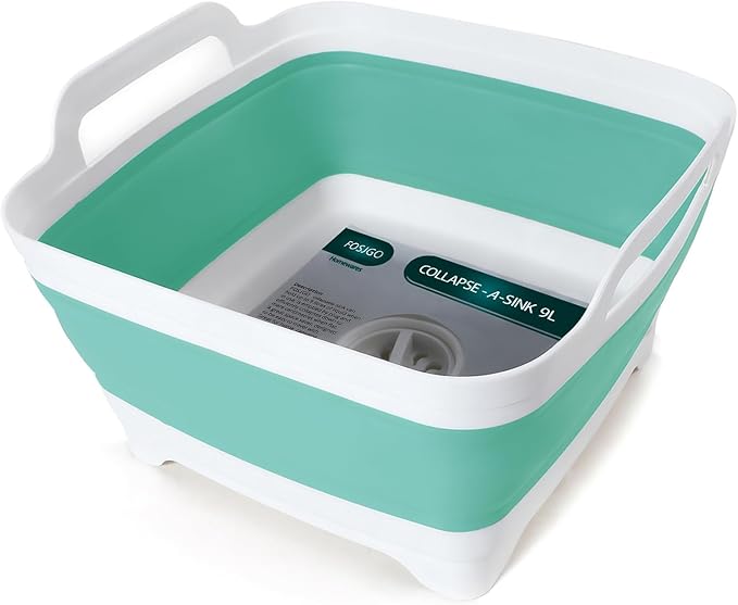 FOSJGO Collapsible Dish Basin with Drain Plug, Foldable Sink, 2.4 Gal (9L) | Space-Saving Wash Basin for Kitchen, Baby Bottles, Vegetable Washing, Camping, RV and Party Beverage Tubs