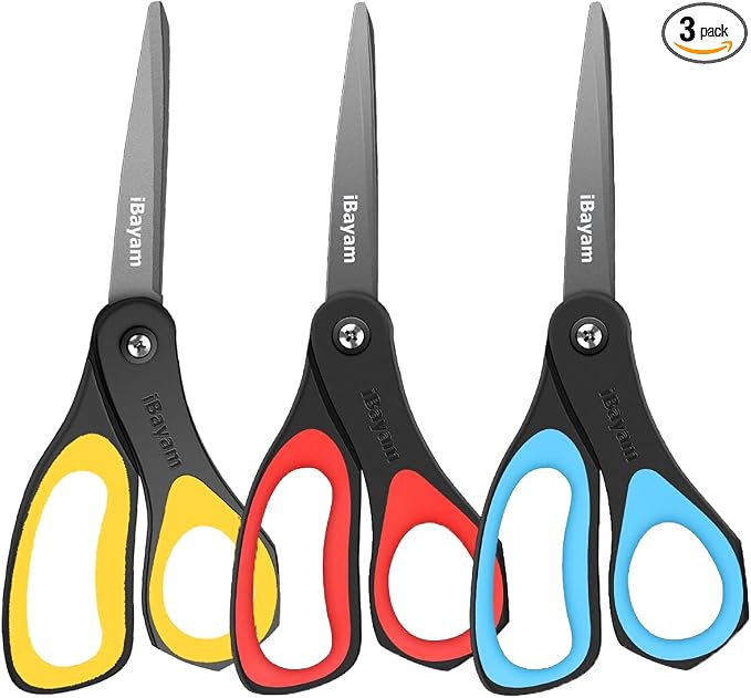 iBayam 8.5" All Purpose Nonstick Scissors, Titanium Scissors for Kids Craft | 2.5mm Blade| Comfort Grip Right/Left Handles| Multipurpose | Cutting Tape, Glue, Adhesive Labels, Paper Fabric