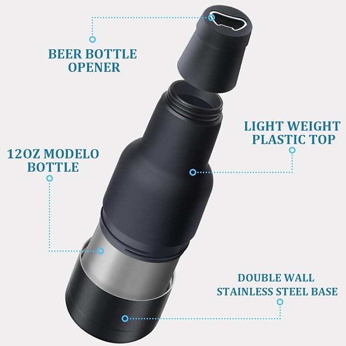 Beer Gift for Men, Lightweight Modelo Beverage Beer Bottle Cooler w/Beer Opener - Double Walled Stainless Steel 12oz. Modelo Beer Bottle Insulator Holder(Matte Black)
