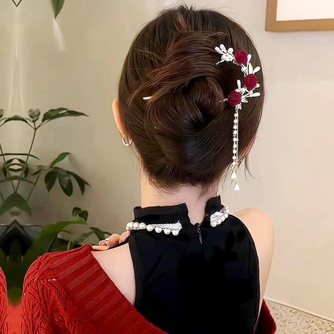 Lawie 10 Pack Cute Flower Butterfly U Shaped Gold Metal Hair Fork Pins Curved Chopsticks for Hair Sticks with Dangles French Hair Pins Bun Holder Decorative Hair Accessories for Women Girls (Red)