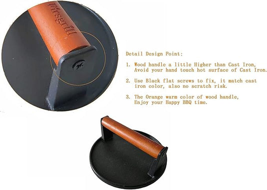 2-Pack Burger Press 7.08" Round,Heavy-Duty Cast Iron Smash Burger Press Meat Steak with Wood Handle for Blackstone Camp Chef Pitboss Weber Griddle Grills (2 Round)