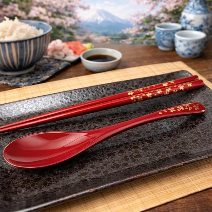 Premium Japanese Chopsticks with Spoon Reusable [ Made in Japan ] Traditional Lacquer Art Wooden Chopsticks (Gold Flower RD(YM2002))