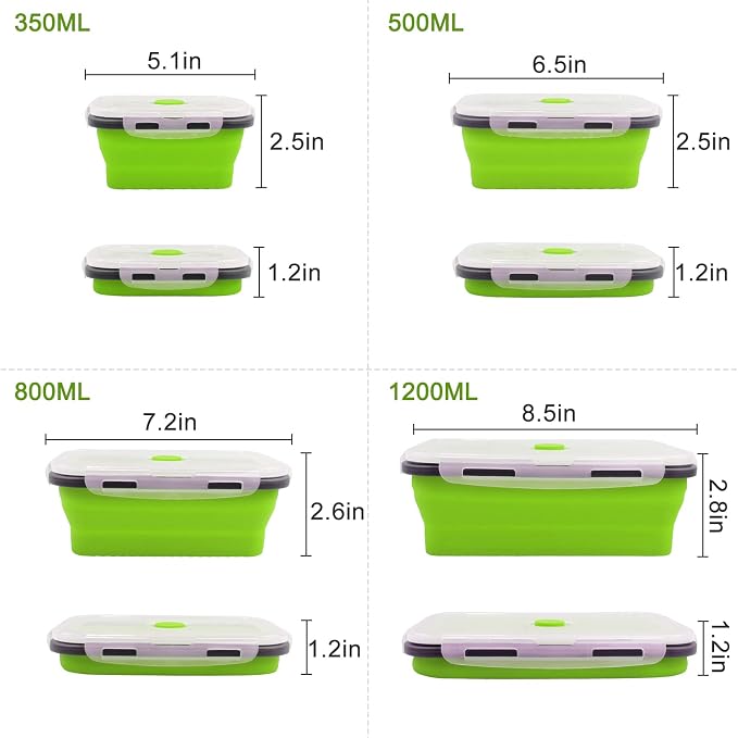 Guyuyii 4 Pack Collapsible Food Storage Containers with Lids | 4 Size Food-Grade Silicone for RV, Camping, Meal Prep, Small Kitchen | Stackable Design, Microwave/Freezer/Dishwasher Safe