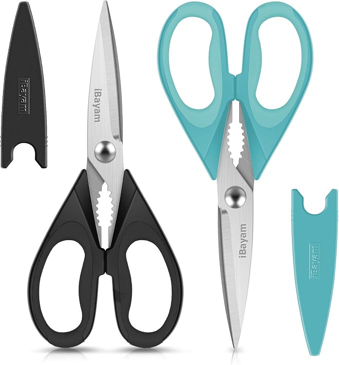 Small Kitchen Scissors 8-inch, iBayam 2 Pack Kitchen Shears All Purpose | Meat Scissors Poultry Shears, Dishwasher Safe Food Cooking Scissors Heavy Duty Stainless Steel Utility (Black, Aqua Sky)