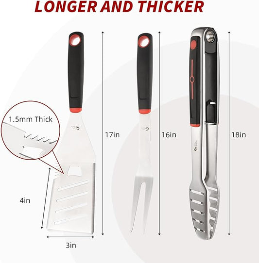 BBQ Tools Set, Heavy Duty Stainless Steel Spatula, Fork & Tongs with Portable Bag, Essential Accessories for Barbecue Outdoor Grill, Grilling Gifts for Men Dad Camp Chef