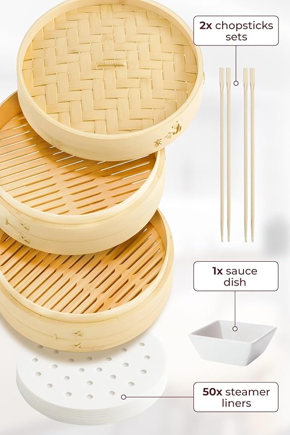 Bamboo Steamer Basket - Cook Delicious Meals with Authentic Flavor at Home | 10 Inch, 2 Tiers + 50 Liners, Chopsticks and Sauce Dish - Steam Family Portions of Bao, Dumplings and Vegetables at Once