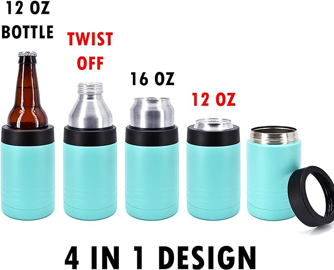 4-in-1 Stainless Steel 12 oz Double Wall Vacuum Insulated Can or Bottle Cooler Keeps Beverage Cold for Hours - Also Fits 16 oz Cans - Powder Coated Teal - Clear Water Home Goods