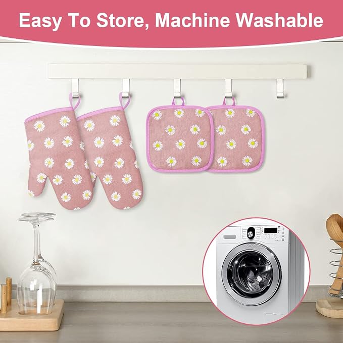 AUAUY Oven Mitts and Potholders, BBQ Gloves Heat Resistant, 1 Pair Oven Mitts and 2 Pot Holders, Cotton Non-Slip Cooking Gloves for Cooking Baking Kitchen Microwave Pizza(Daisy-Pink)
