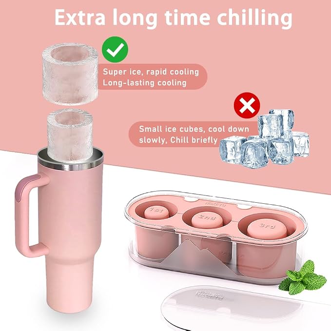 Silicone Ice Mold for Stanley Cup 30 40oz, Tumbler Ice Maker | Easy Fill and Release Without Touching Ice, Ice Cube Tray with Clear Lid and Bin for Freezer, Whiskey, Cocktail (Pink)