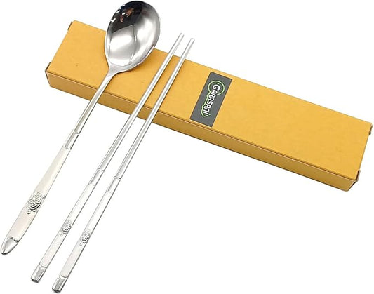 GARASANI Korean Traditional Cutlery Stainless Steel Spoons and Chopsticks Set (Silver Turtle)