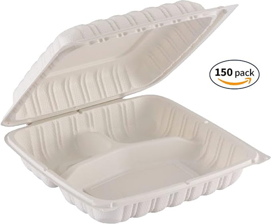 TIYA Clamshell Food Containers - 3-Compartment To-Go Containers - Microwavable Plastic with Hinged Lid - Great for Meal Prep (Bulk 150 Pack, White, 9x9 in) - BPA-Free