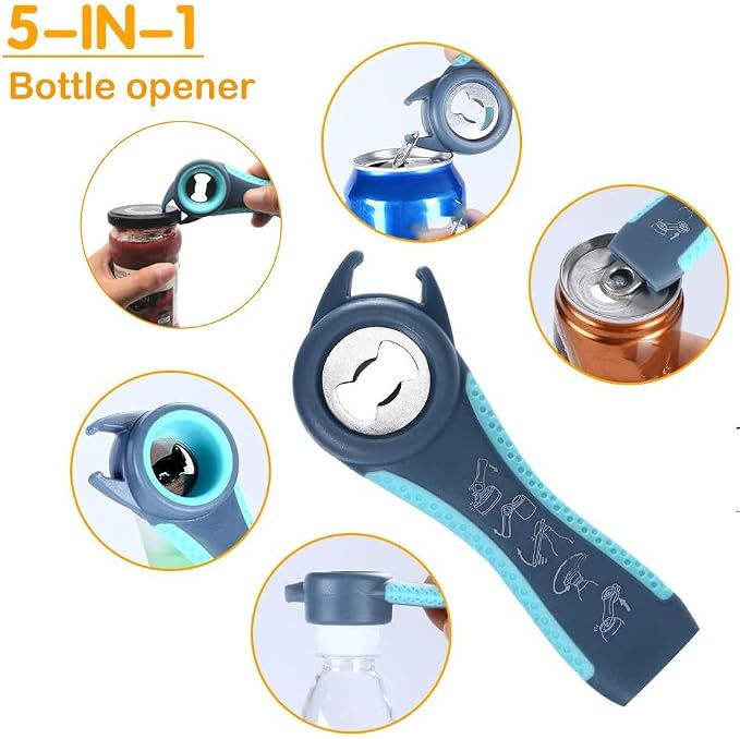 Otstar 6 in 1 Jar and Bottle Opener for Weak Hands, Seniors with Arthritis | Multi-use Lid Opener Set, Includes Non-slip Rubber Gripper Pad & Wine Opener, Comfortable Grip, Simple Twist-off Operation