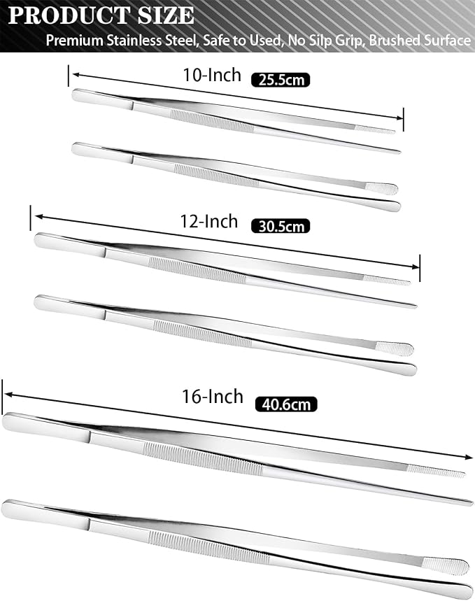 JETKONG 2 Pcs 12-Inch Cooking Tweezers Stainless Steel, Straight Food Tweezers, Professional Kitchen Tweezer/Forceps for Cooking Repairing and BBQ (12-Inch, Silver)