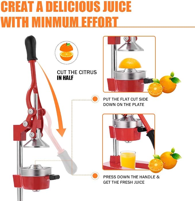 Commercial Heavy Duty Cast Iron Hand Press Manual Orange Citrus Lemon Lime Grapefruit Pomegranate Fruit Juice Squeezer Machine with Stainless Steel Cup Red