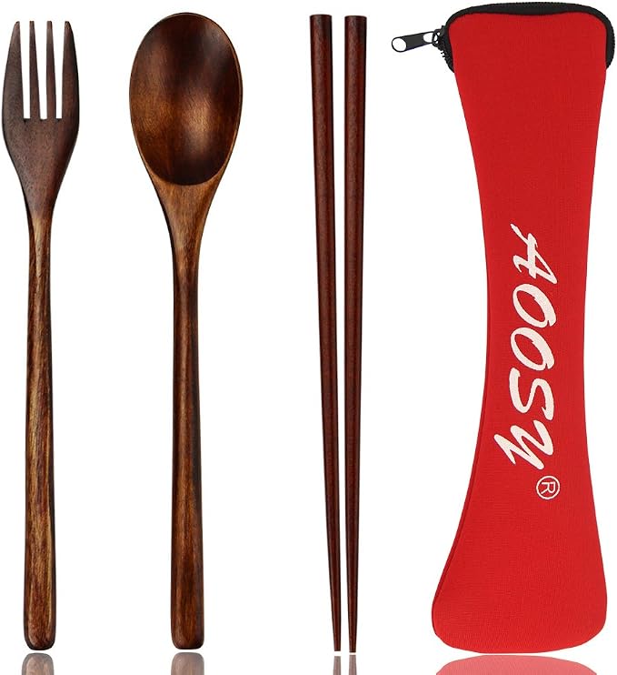 Wooden Spoon and Fork Set,AOOSY 4 Pcs Portable Wooden Utensils for Eating | Reusable Travel Cutlery Set with Wood Fork, Spoon, Chopsticks,9Inches