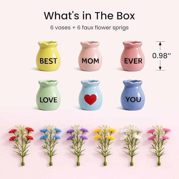 Mother's Gifts for Mom Birthday Gifts from Daughter Son - 6 Pcs Refrigerator Magnets - Mini Vase Magnets for Fridge with Artificial Flowers, Christmas Valentines Day Gifts for Moms