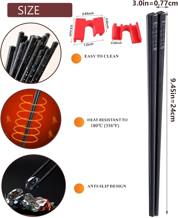 Reusable Chopsticks for Beginner- Fiberglass Training Chop sticks, 10 Pairs Non-Slip Chopsticks Helpers Set, Japanese Chop Sticks Dishwasher Safe 9.45Inch