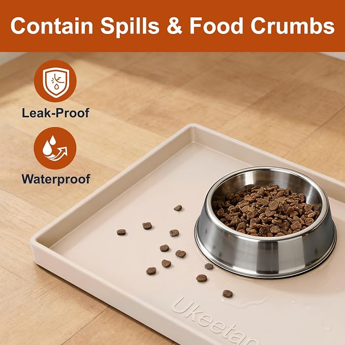 ukeetap 19" x 12" Extra Thick Silicone Mat Waterproof with Raised Edge, BPA Free Non-Slip Dog & Cat Food Mat, Feeding Mat for Food and Water Bowls, Spill Proof Mat to Protect Floors, Beige