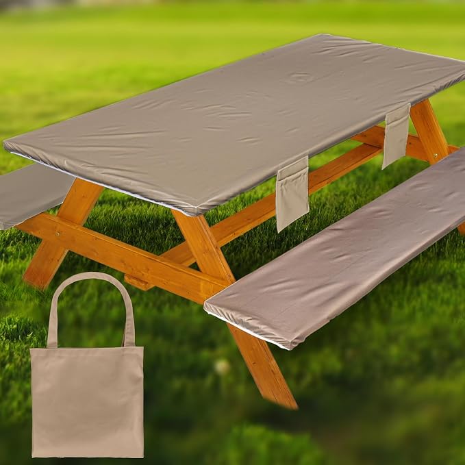 Wrakus Picnic Table Cover with Bench Covers Vinyl Elastic Edges Fitted Rectangle Seat Tables Waterproof 3-Piece72X30in Set Outdoor Rectangular Folding Backing Tablecloth for Camping Over Size