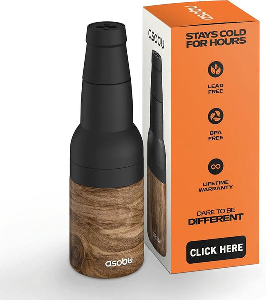 Asobu Frosty Beer Holder 2 Go Vacuum Insulated Double Walled Stainless Steel Beer Can and Bottle Cooler with Beer Opener, Bpa Free, Fits Standard 12oz Bottles, Gift for Beer Lovers (Natural Wood)
