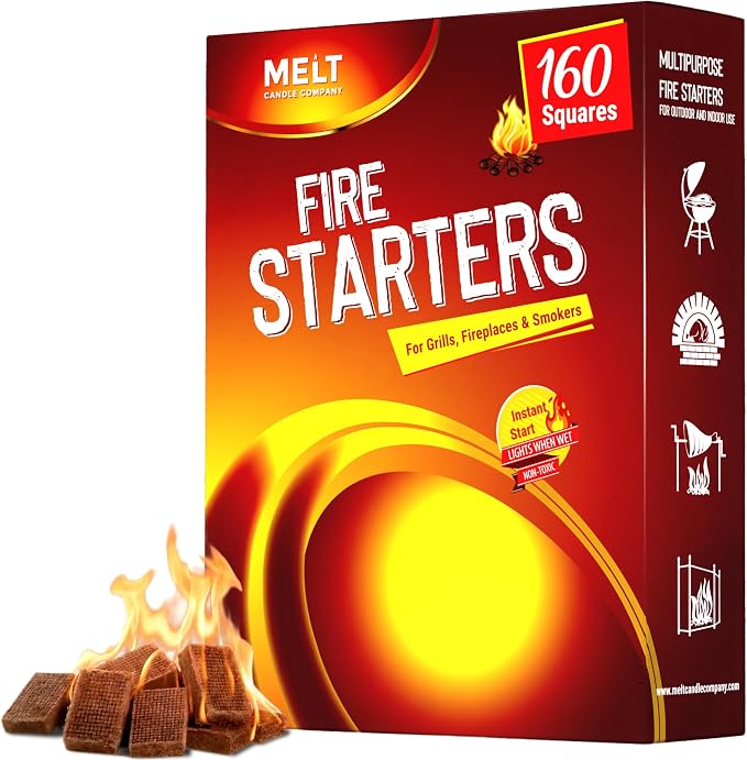 Fire Starter Squares, 160 pcs - Charcoal Fire Starters for Campfires, Grill, Outdoor Pit, Fireplace, Wood Stove, BBQ - Firestarter Sticks, Water Resistant & Odorless - Camping Accessories Essentials