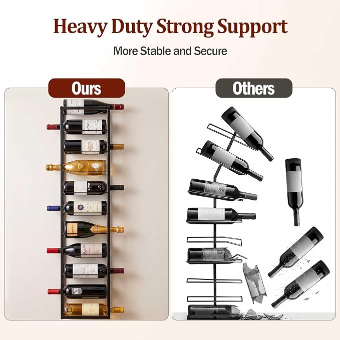 Wall Mounted Wine Rack: Metal Hanging 10 Bottle Wine Holder Liquor Storage | for Champagne & Magnum - Professional Grade for Wine Collectors - Rust-Resistant Matte Black Metal