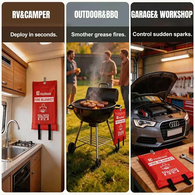 Emergency Fire Blanket for Kitchen Grease Fire, 39x39in, Easy Pull Tabs for Quick Use, 1076°F Heat Resistant Fiberglass, No Mess Extinguisher Alternative for Home Car RV BBQ (2 Pack)