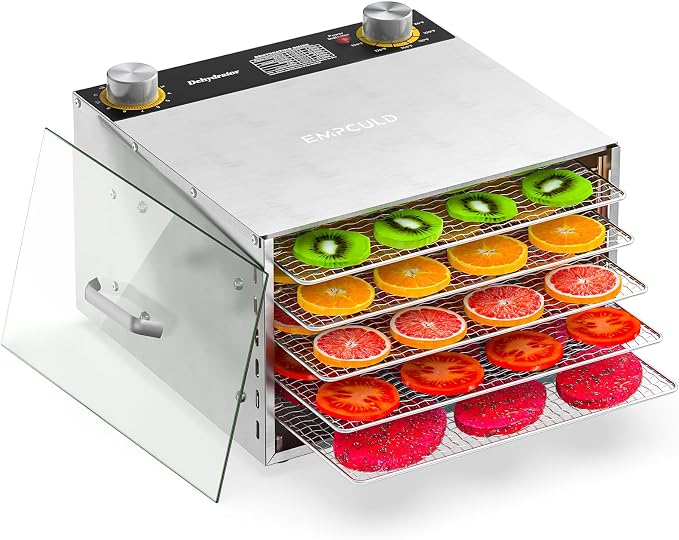Food Dehydrator - 5 Stainless Steel Trays Dryer Machine with 194℉ Temperature Control & Adjustable Timer, 400W Meat Dehydrator for Jerky, Fruit, Veggies, Dog Treats, 50 Recipes Book Included