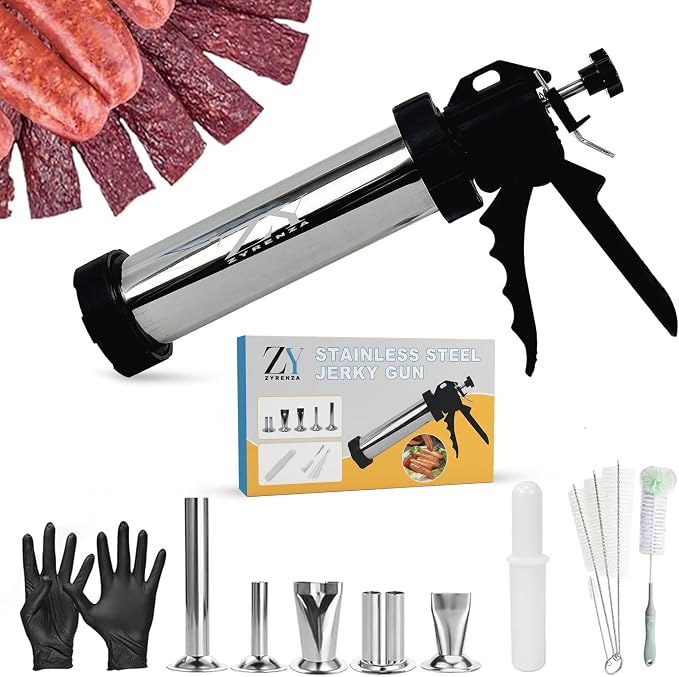 Beef Jerky Gun Kit Meat Maker Sausage Shooter Stainless Steel Tools | Professional Grade, 5 Nozzles, 1 Meat Pusher, 5x Cleaning Brushes 2 Sets, Sausage Shooter Accessories, Bonus Pair Hand Gloves