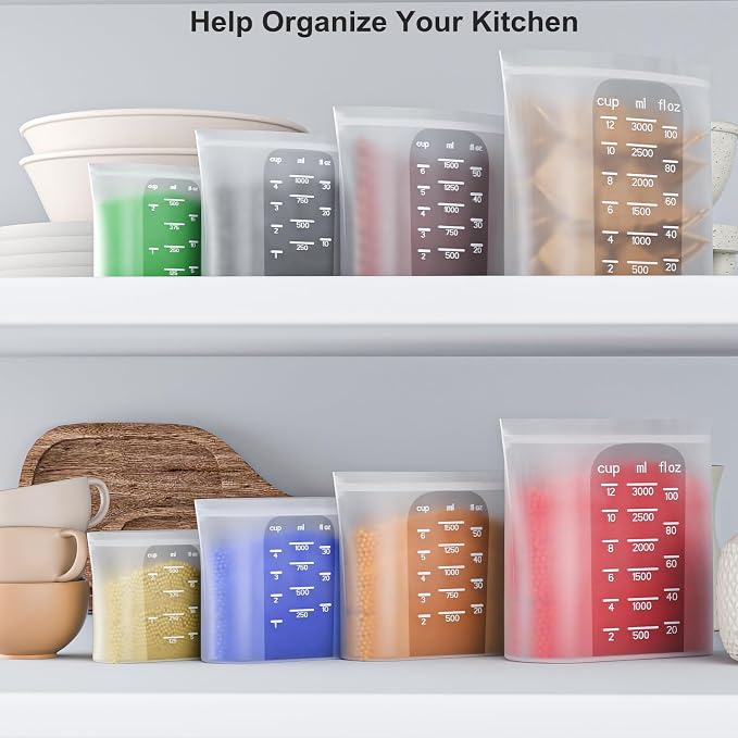 Bangp Premium Silicone Reusable Food Storage Bags,4 Pack | Stand-Up Bottom,Reclosable Freezer Bags for Soup,Sandwich,Salad Fruit,Snack,Leak-free,Food-safe Silicone,Oven,Dishwasher Safe