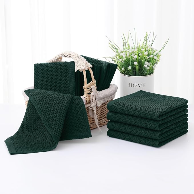 Homaxy 100% Cotton Waffle Weave Kitchen Dish Cloths, 7-Pack, Blackish Green | 12 x 12 Inches, Ultra Soft Absorbent Dish Towels, Quick Drying Dish Rags with Hanging Loop
