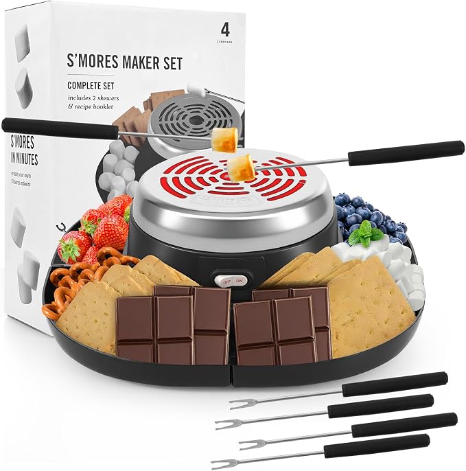 Electric S'mores Maker Tabletop Indoor Smores Kit, Flameless Electric Marshmallow Roaster, With 4 Marshmallow Roasting Sticks and 4 Trays Movie Night Supplies