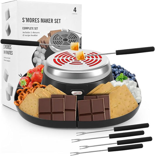 Electric S'mores Maker Tabletop Indoor Smores Kit, Flameless Electric Marshmallow Roaster, With 4 Marshmallow Roasting Sticks and 4 Trays Movie Night Supplies