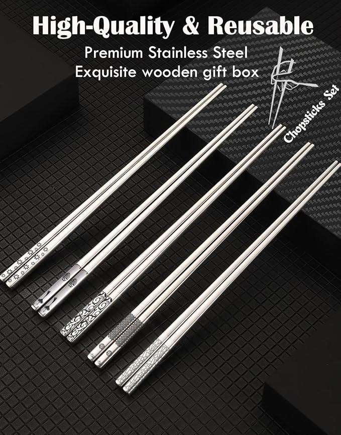 Metal Chopsticks Reusable 5 Pairs 18/8 Stainless Steel Chopsticks Mixed Set | Dishwasher Safe,Non-Slip Grip,Good for Beginners,Come in a Gift Box,SUS304 Resistant to Rust,Square,Chop Sticks Silver,9.25''