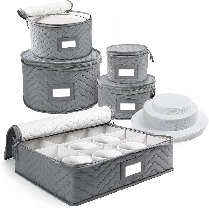 LotFancy China Storage Containers, Quilted 5-Piece Set, Tea Cup and Saucer Storage Box, Chinaware Dinnerware Dish Plate Mug Storage Case, 48 Felt Protectors, Cardboard Dividers Included