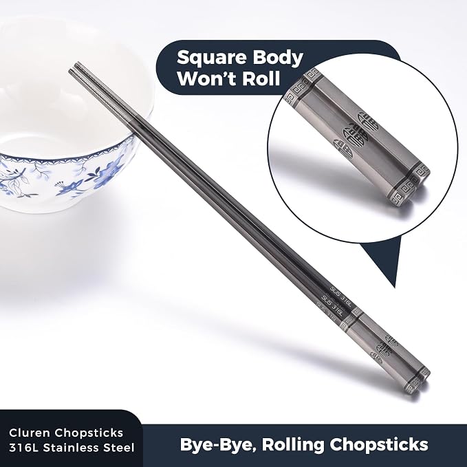 Premium 316L Stainless Steel Chopsticks Set (5 Pair Multicolor) - Reusable Metal Chopsticks with Laser Etching, Elegant Gift Box, Dishwasher Safe