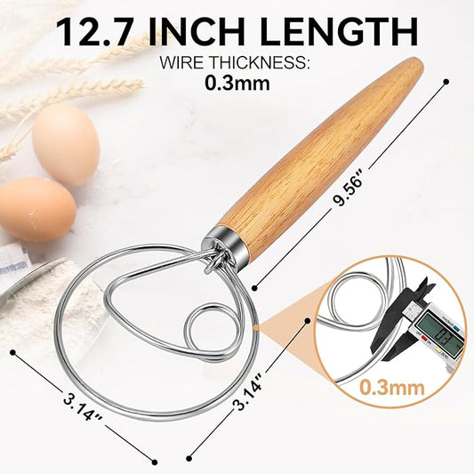 TEEVEA Danish Dough Whisk Stainless Steel Hook Dutch Bread Mixer for Sourdough Baking Tools