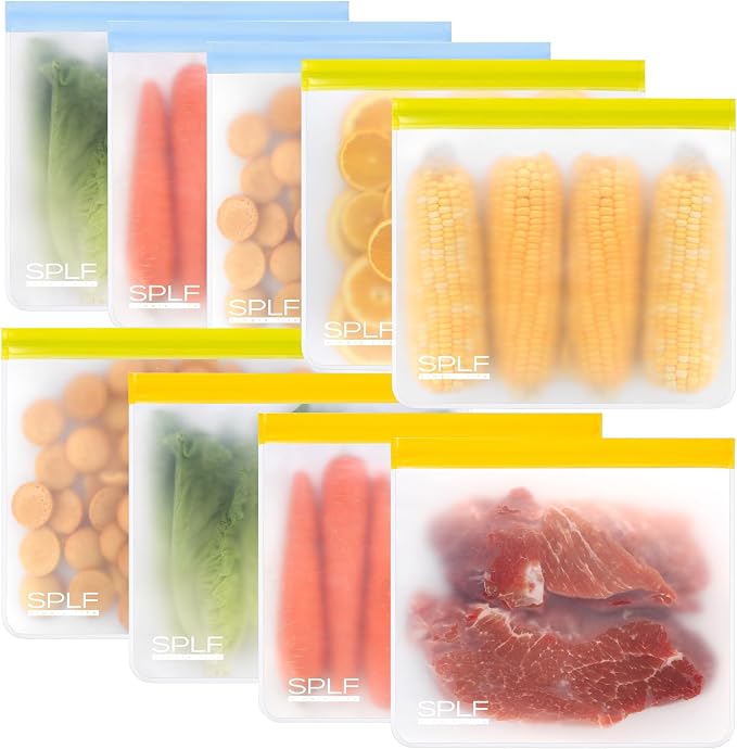 SPLF 9 Pack Reusable Gallon Freezer Bags Dishwasher Safe, Muticolor | BPA Free 1 gallon Leakproof Silicone and Plastic Free Food Storage Bags for Meal Prep, Fruits, Sandwich, Snack, Travel Items