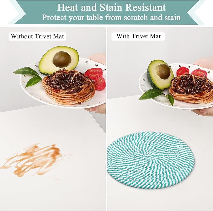 SHACOS 8 Inches Trivets for Hot Dishes, 4 Pieces Cotton Trivets Mats for Kitchen, Hot Pads for Countertops and Table, Heat-Resistant Pot Holders for Hot Pots and Pans(Teal Blue, 4pcs)