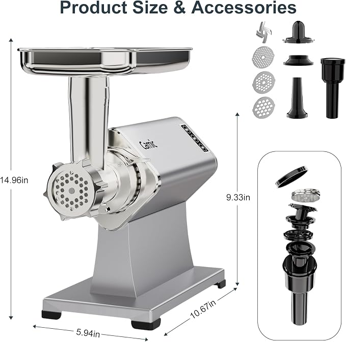 Camic Electric Meat Grinder - 300W Sausage Stuffer for Home Kitchen Use Meat Mincer with Stainless Steel 3 Plates, 1 Blade, Sausage Tube, Kubbe Maker (Sliver)