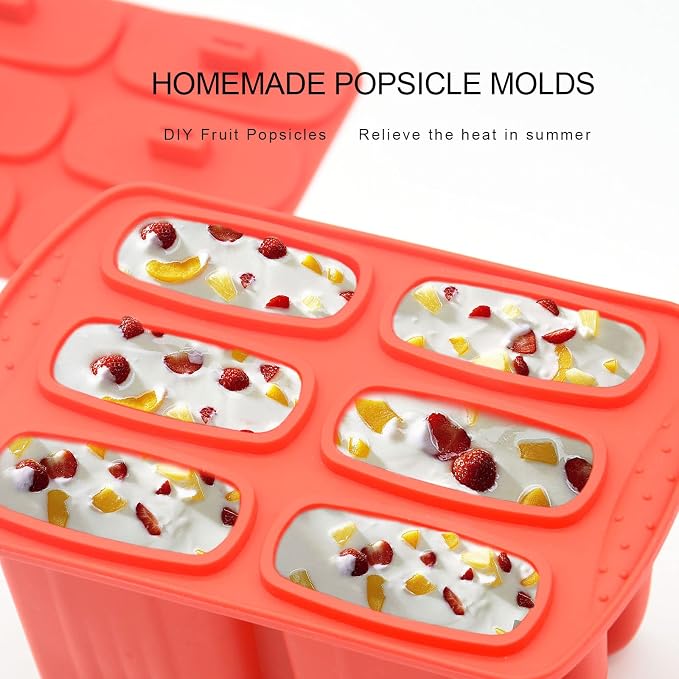6 Pieces Silicone Popsicle Molds,Easy-Release Bpa-Free,Ice Pop Mold Ice Cream Molds For Kids,With 50 Pcs Popsicle Sticks+Cleaning Brush(Red)