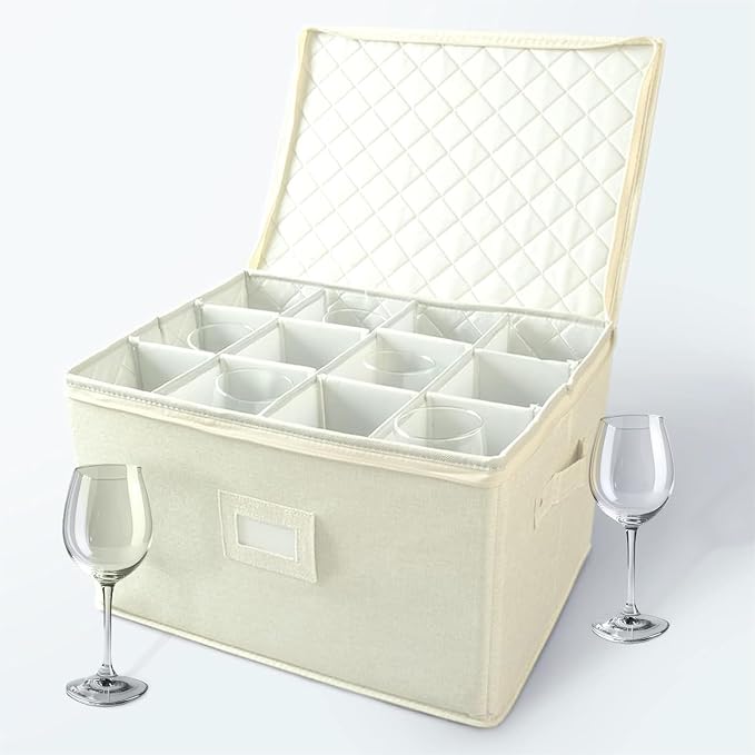 storageLAB Wine Glass Storage Case | Hard Shell Felt Dividers | Cream | Hard shell case holds 12 wine glasses in 4x4 felt compartments. Stackable, top-load, label tag. Cream linen finish.