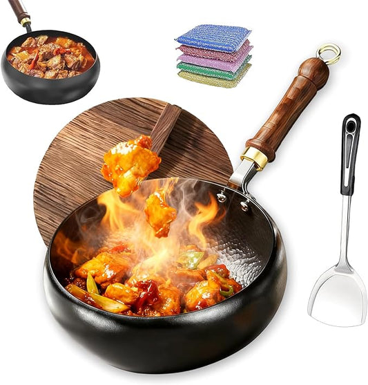 Jinswhdre Cast Iron Skillet, 9.5/11in Jinswhdre Japanese Irons Pan, Hand Forged Uncoated Iron Pan with Lid Spatula, Non-stick Wok for Cooker Gas Stir Fry Pans Durable and Rust-Free (Wooden Lid,11in)