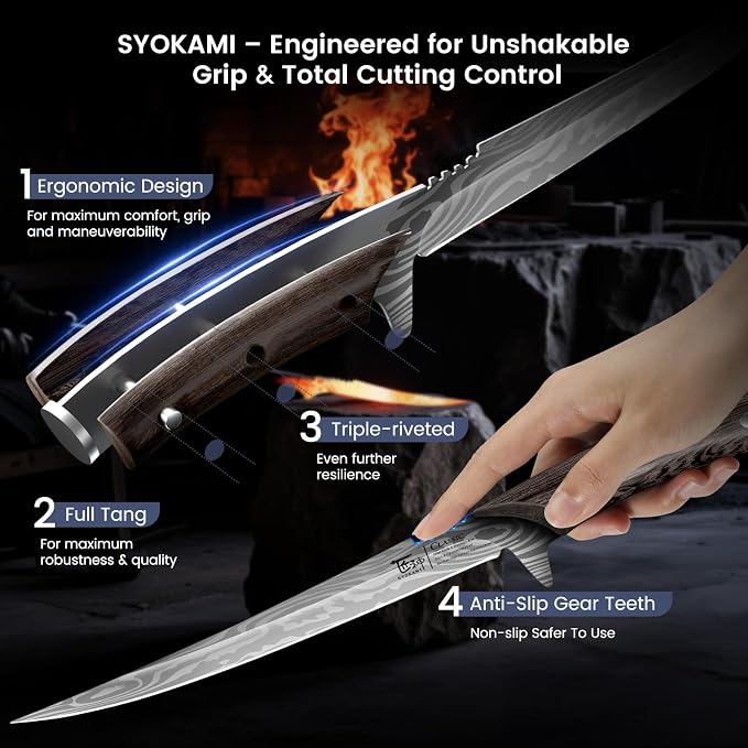 Fillet Knife, 9 Inch Boning Knife with Leather Sheath, Sharp Filet Knives for Fish and Meat, Non-slip Wooden Handle, Professional Japanese Knives For Fishing and Hunting, Outdoor Kitchen Gift