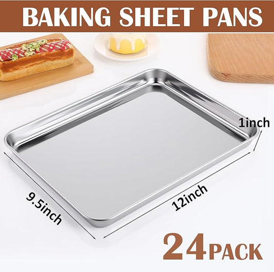 meekoo 24 Pcs Baking Sheet Pan Cookie Sheet Set for Oven Stainless Steel Trays Nonstick Small Serving Tray Cake Toaster Metal Food Trays, Oven and Dishwasher Safe(12 x 9.5 x 1 Inch)