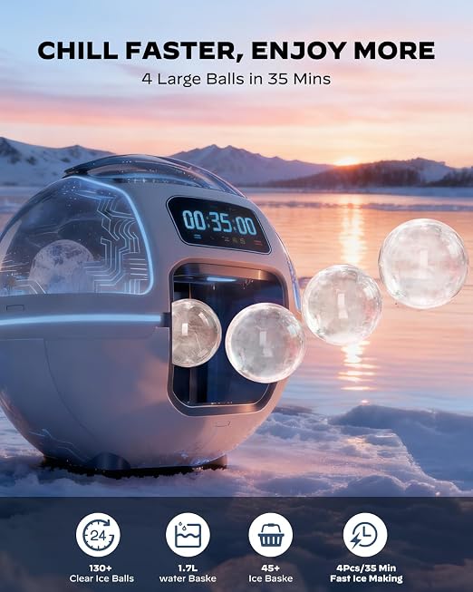 Silonn 2" Sphere Clear Ice Maker Countertop, Slow-Melting Crystal Ice Balls for Whiskey, 4 Pcs in 35 Mins / 144 Pcs/Day, Rapid Sphere Technology, One-Click Self-Cleaning, Ideal for Bourbon
