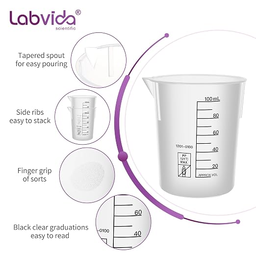 Low-Form Beakers, PP Material, with Easy to Read Printings in Black Color, Easy to Stack. 6PCS of Vol.100ml, LVB012