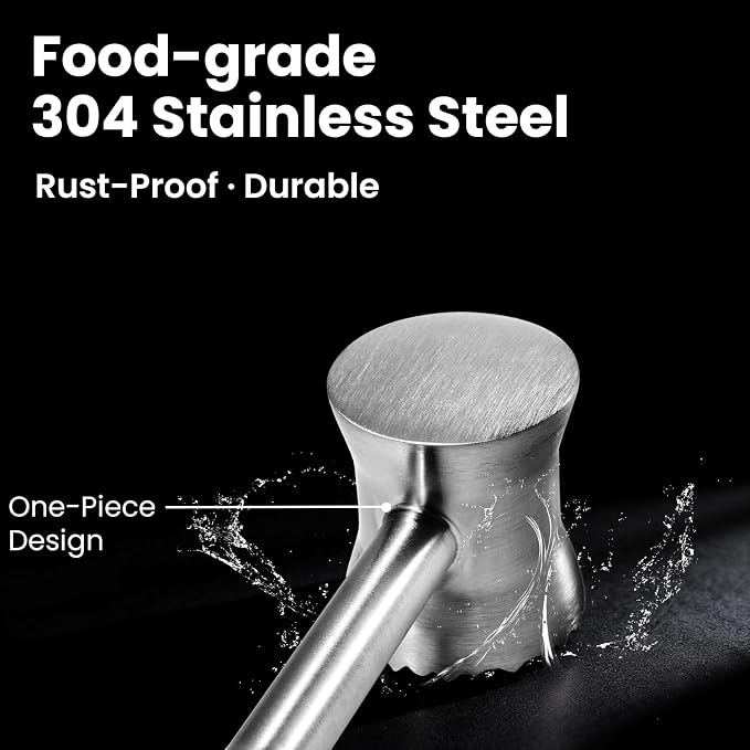 304 Stainless Steel Meat Tenderizer Mallet, Meat Hammer & Chicken Pounder | Well-balanced one-piece design with contoured waist for control, Dual-sided faces, Dishwasher safe, Storage bag, Gift box